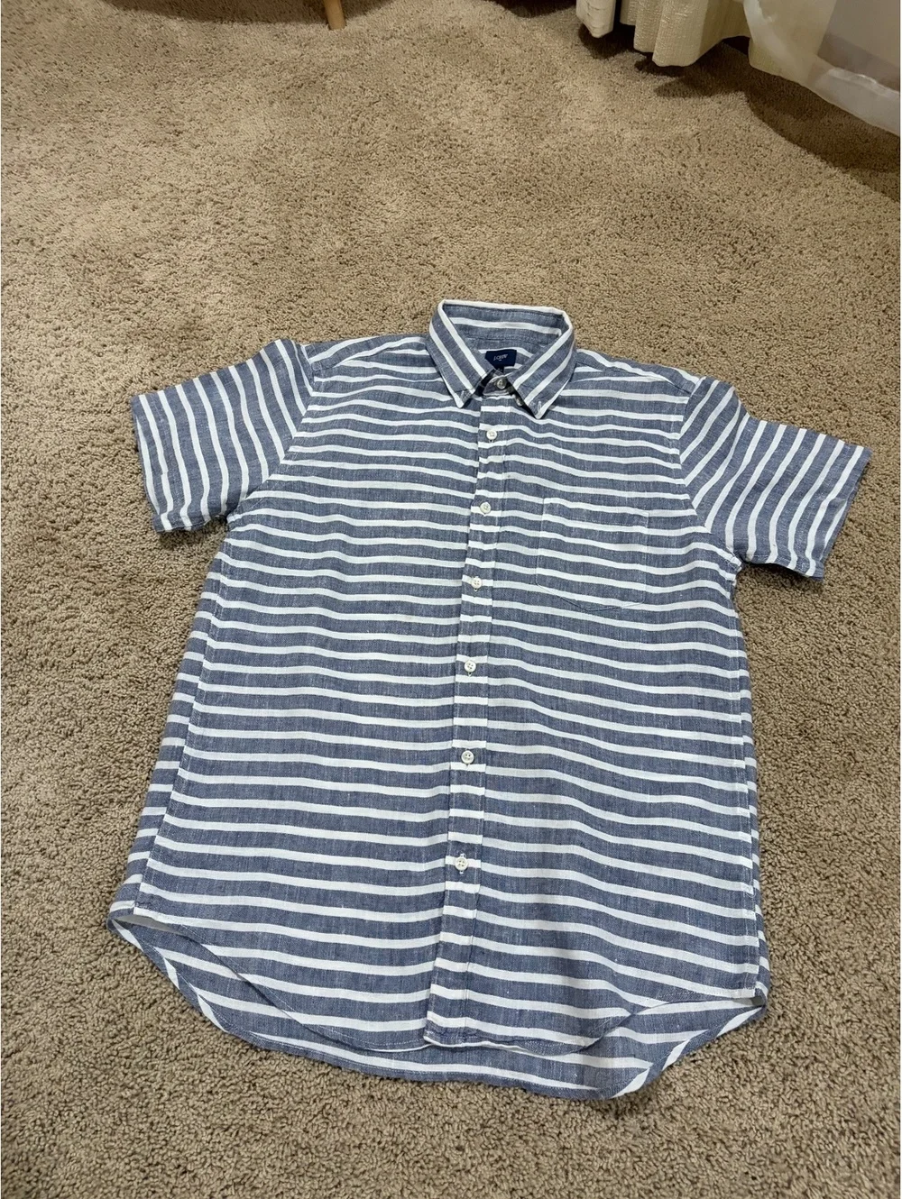 Men's J.Crew short-sleeve shirt blue white striped linen button down M MEDIUM